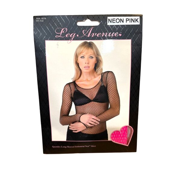 Leg Avenue Neon Pink Spandex Long-Sleeved Industrial Net Shirt Net Gloves & Mask - Picture 4 of 7